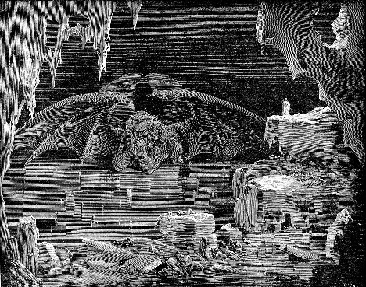De esta forma, el noveno círculo se encuentra completamente congelado, y Satanás aparece atrapado en el hielo. Dante describe con horror como el demonio mastica, con sus múltiples bocas, a traidores de la talla de Judas o Bruto.