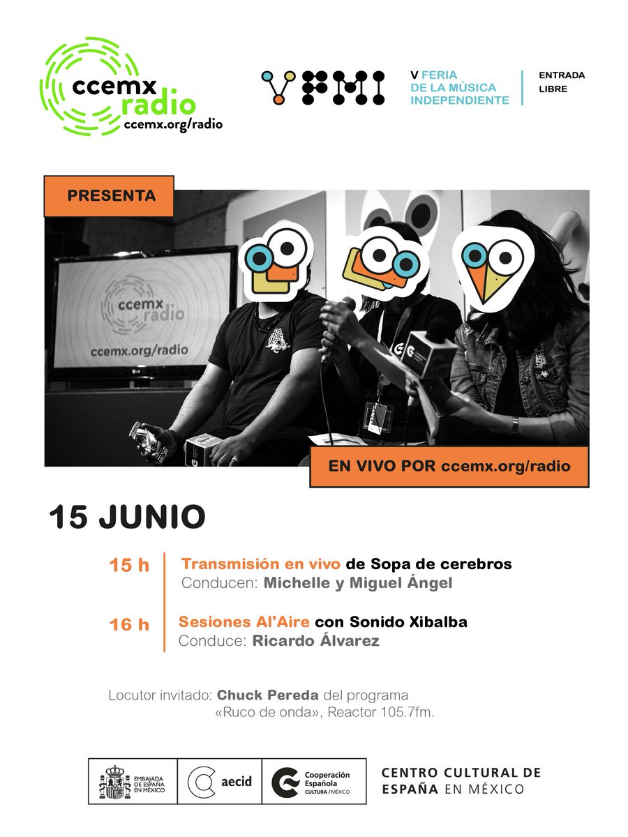 ccemxradio's tweet photo. Hoy es el último día de la #VFMI en @ccemx 😪
En #SopaDeCerebros nos acompaña @chuckpee y en #sesionesAlAire tendremos a Sonido Xibalbá y sus ritmos de bajas frecuencias.
🎙️Dale play a https://t.co/WWxsQ9GOsm 🎙️ https://t.co/RLmlt2cZdf