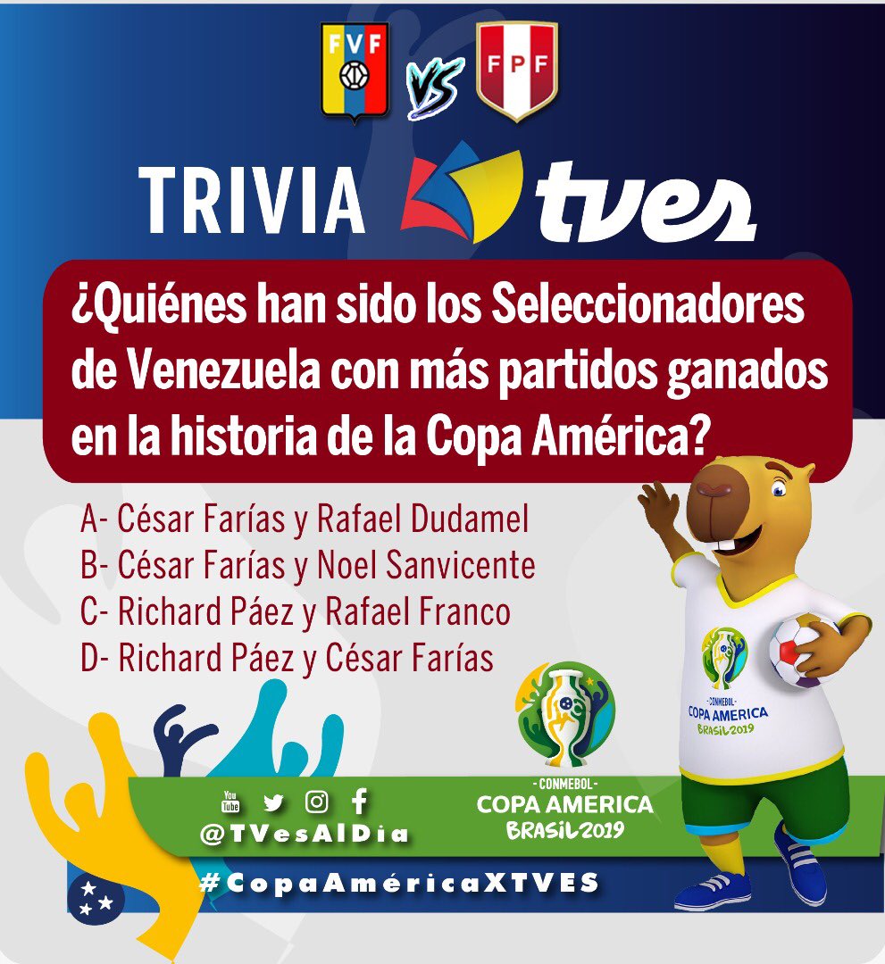 rodolfovilchez's tweet photo. ¡Familia! Interactúa con las ET #CopaAméricaXTVES y #TvesVinotinto y gana fabulosos premios.
Visita la cuenta @TVesAlDia ve la #TriviaTVES del día, sigue los pasos que y puedes ganarte una nevera, cocina, lavadora o balones. ¿Qué esperas? ¡Corre y participa!
#GanaConTVES https://t.co/Ny5ZA0dDPr