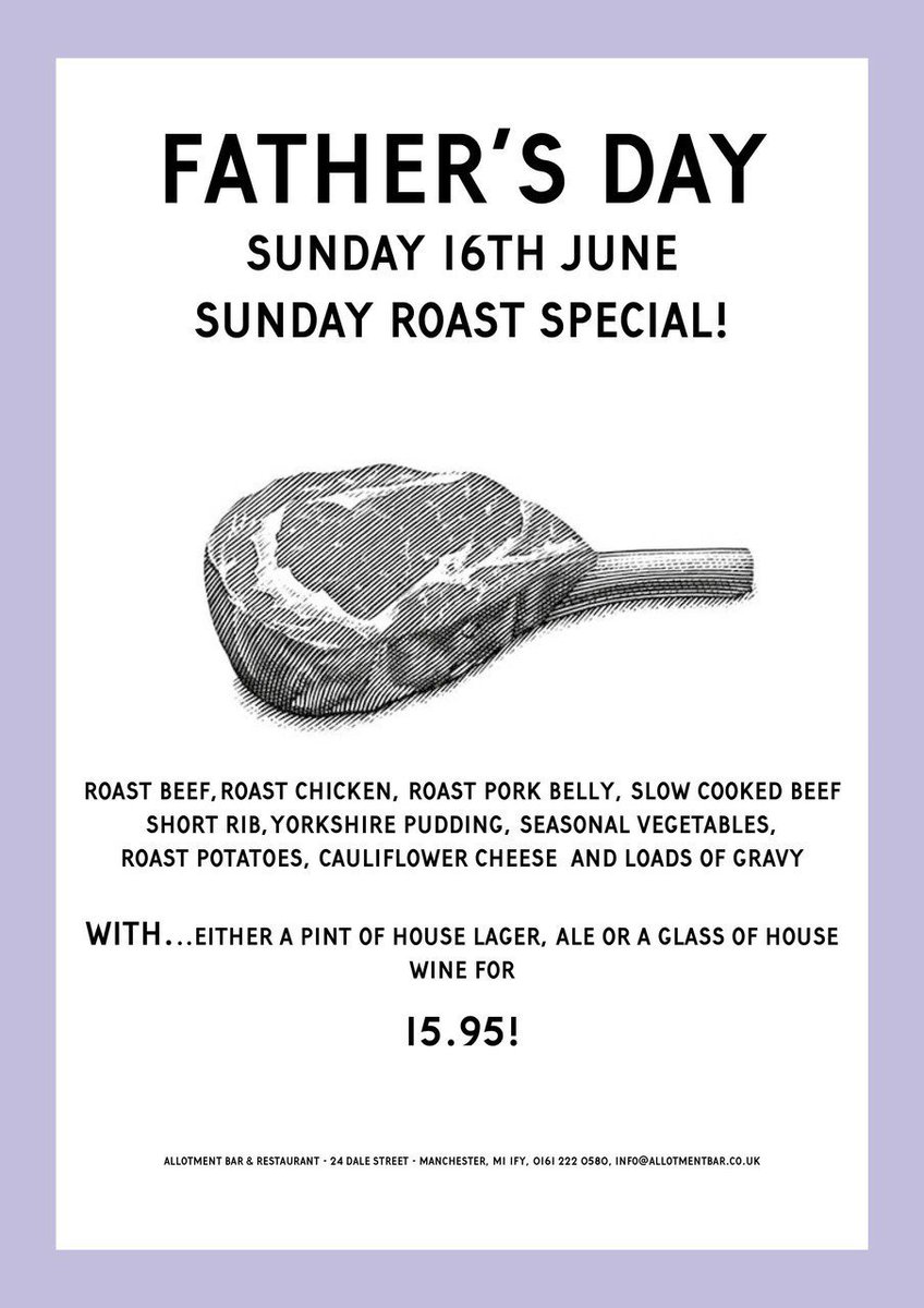 This Sunday its Father's day so bring him down to Allotment for a Sunday roast treat!
-
-
-
-
-
-
#fathersday #sundayroasts #roastbeef #sundayfunday #roastspecials #allthetrimmings #roastchicken #roastpork