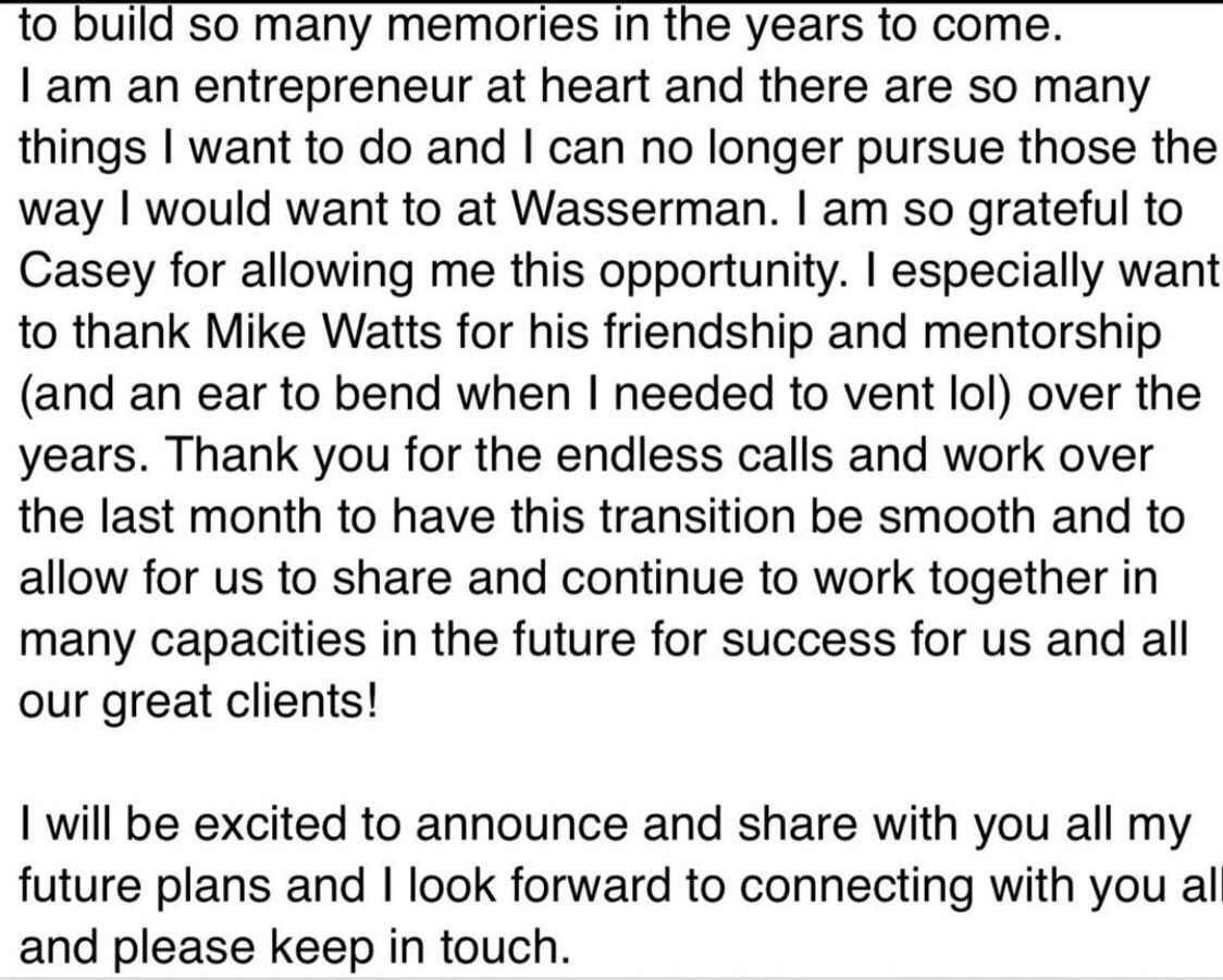 FOS's tweet photo. NEW: Wasserman executive Steve Astephen has announced via IG that he is leaving to start his own agency.

Astepehen’s clients include the likes of Klay Thompson and Ryan Sheckler. 

His previous agency, The Familie, was one of Wasserman’s first acquisitions in 2003. https://t.co/lFFPJoP1CD