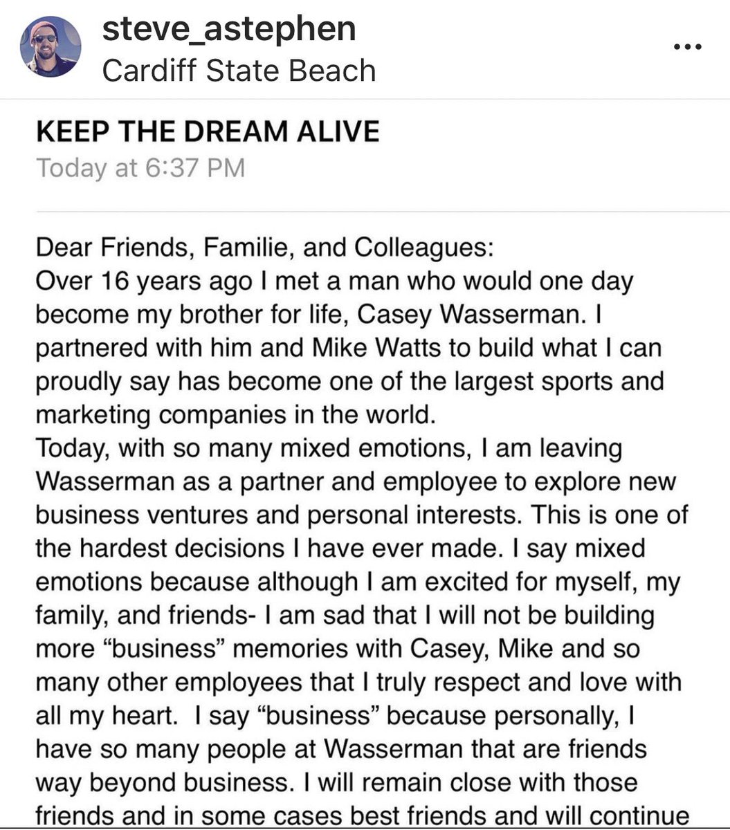 FOS's tweet photo. NEW: Wasserman executive Steve Astephen has announced via IG that he is leaving to start his own agency.

Astepehen’s clients include the likes of Klay Thompson and Ryan Sheckler. 

His previous agency, The Familie, was one of Wasserman’s first acquisitions in 2003. https://t.co/lFFPJoP1CD