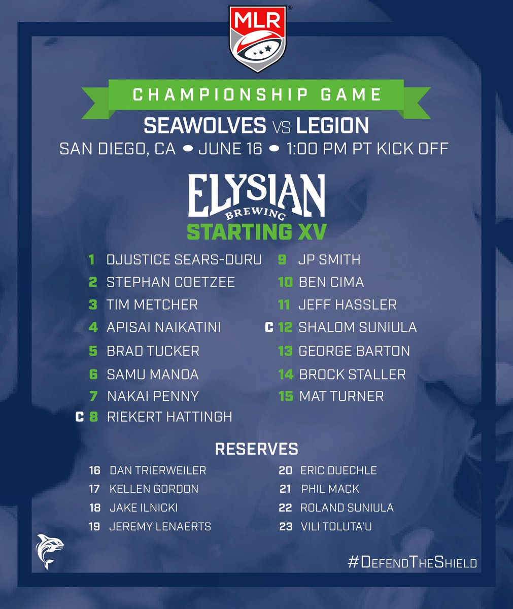 SeawolvesRugby's tweet photo. ROSTER 📋 ⁣
⁣
Here’s the 23 for our final match of the 2019 @USMLR season — which just happens to be the big dance. 🏆
⁣
Need a spot to watch at? Head to a @ElysianBrewing location to cheer us on with fellow fans! 🌊 #SDLvSEA #TogetherWeHunt #DefendTheShield #QuestForTheShield https://t.co/Y2cbCvKyyl