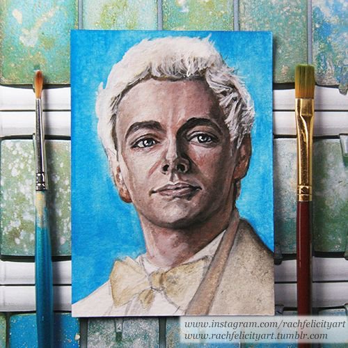 I'll come back to Langly, but recently I've been pretty distracted by Good Omens - it's brilliant! ✨ Have you guys seen it? Here's a work in progress shot of Aziraphale and I'm definitely going to follow it up with a matching Crowley painting when he's done. 🎨 #GoodOmensFanArt