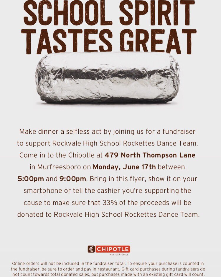 Who wants to cook dinner on a Monday?! No one! So come out to Chipotle instead, and support the RHS Rockettes Dance Team at the same time as eating delicious food! Show them this picture or tell them you are supporting the fundraiser at checkout! #rhsrockettes