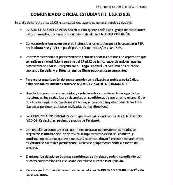 #TRELEW
#Estudiantes del @Isfda805 desde hoy en ASAMBLEA PERMANENTE.
Los #ComunicadosOficiales se emitirán desde PRENSA Y COMUNICACIÓN de los estudiantes. Facebook: Centro de estudiantes autoconvocados, ISFDA 805