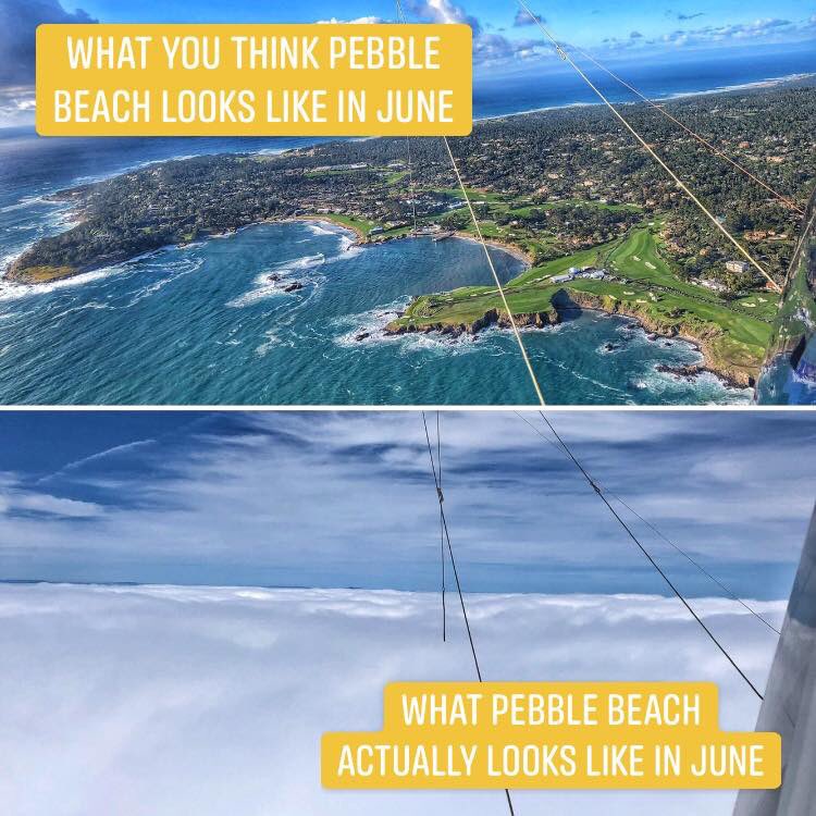 GoodyearBlimp's tweet photo. Round 3 #USOpen blimp humor โ what you think #PebbleBeach looks like in June vs. what it actually looks like. #Blimpview #JuneGloom https://t.co/Cgnm62PGTd