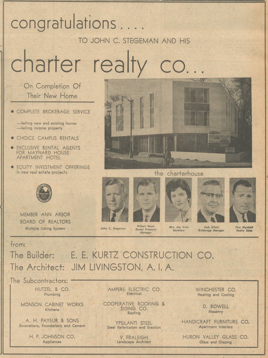 James Livingston, Charterhouse (1961) /// This compact 3-story building was originally built by Charter Realty at the corner of the city’s main student commercial district. Their offices occupied the ground floor, with six residential units above.