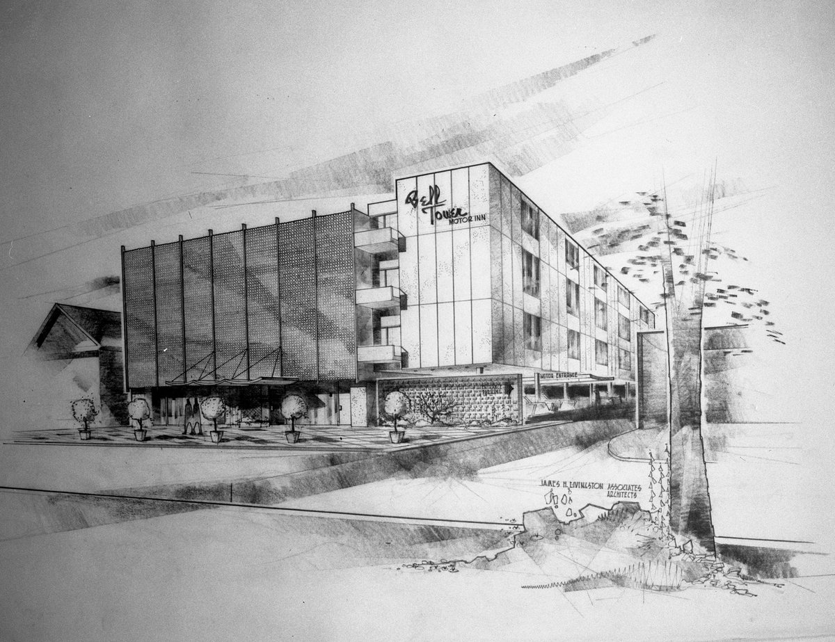 Livingston’s original renderings for the Bell Tower Hotel, via  @aadlarchives (notice the titular Bell Tower in the window of the last rendering)