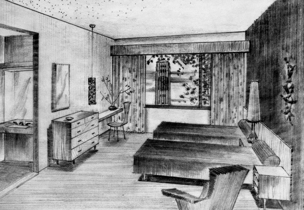 Livingston’s original renderings for the Bell Tower Hotel, via  @aadlarchives (notice the titular Bell Tower in the window of the last rendering)