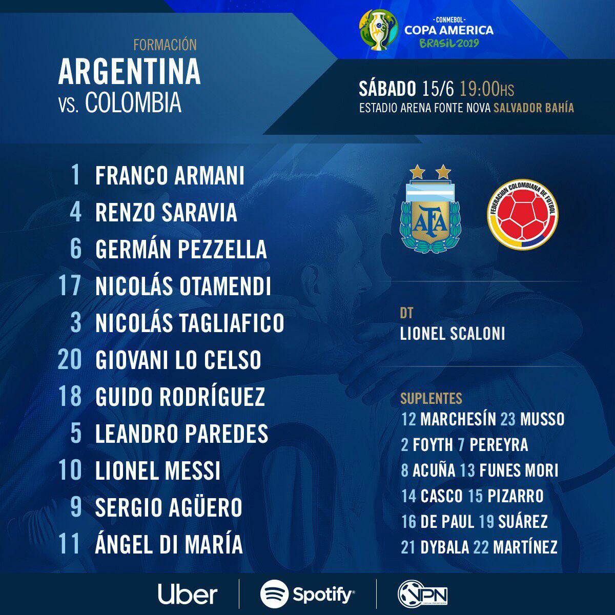 leodeligt's tweet photo. 📋 |OFFICIAL| Argentina's lineup against Colombia for their first match of #2019CopaAmerica..... Messi starts as he plays his 5th Copa America(2007, 2011, 2015, 2016, 2019) for @Argentina national team

👫 #SupportLeoMessi
🐂 #CopaMessi
🔵🔴 #CopaArgentina https://t.co/UWpRx2ueDr