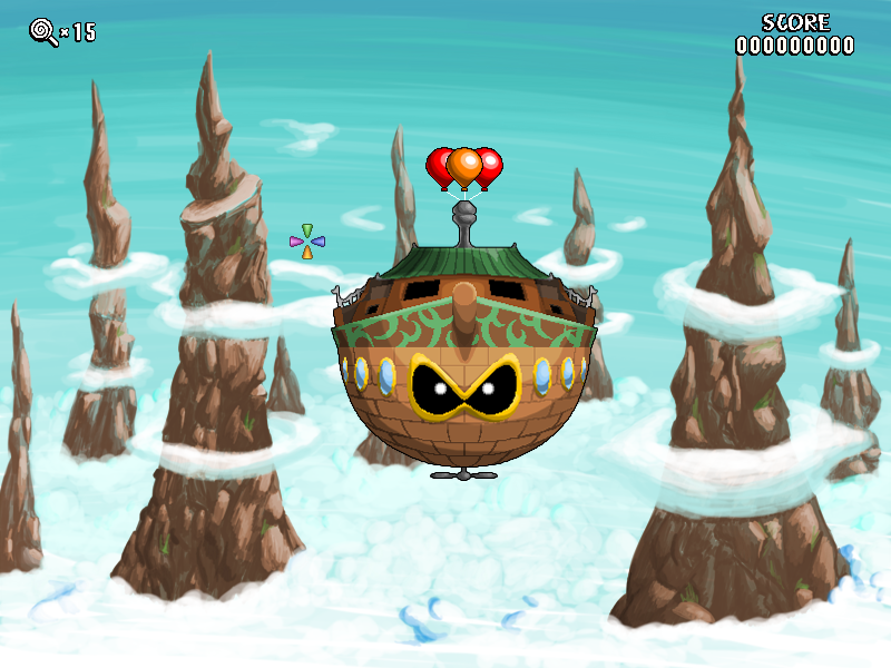 An airship carried by balloons floats in front of cloudy mountain peaks.