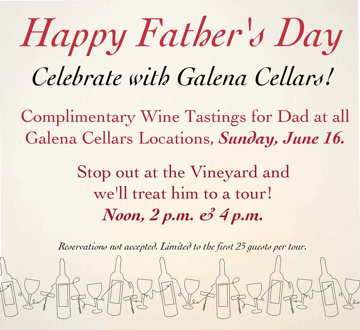 Celebrate Father’s Day with us tomorrow! Dads receive complimentary tasting at all locations! 🥂 #galenacellars