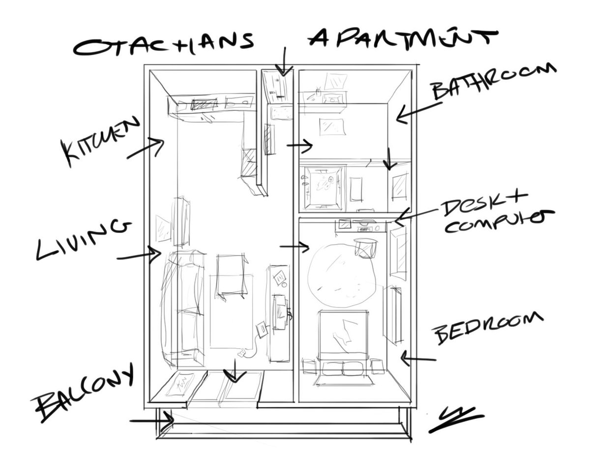 Designing Otachan's apartment for upcoming episodes & I got a little carried away. (I gave up on the Bedroom and Toilet) ? 
