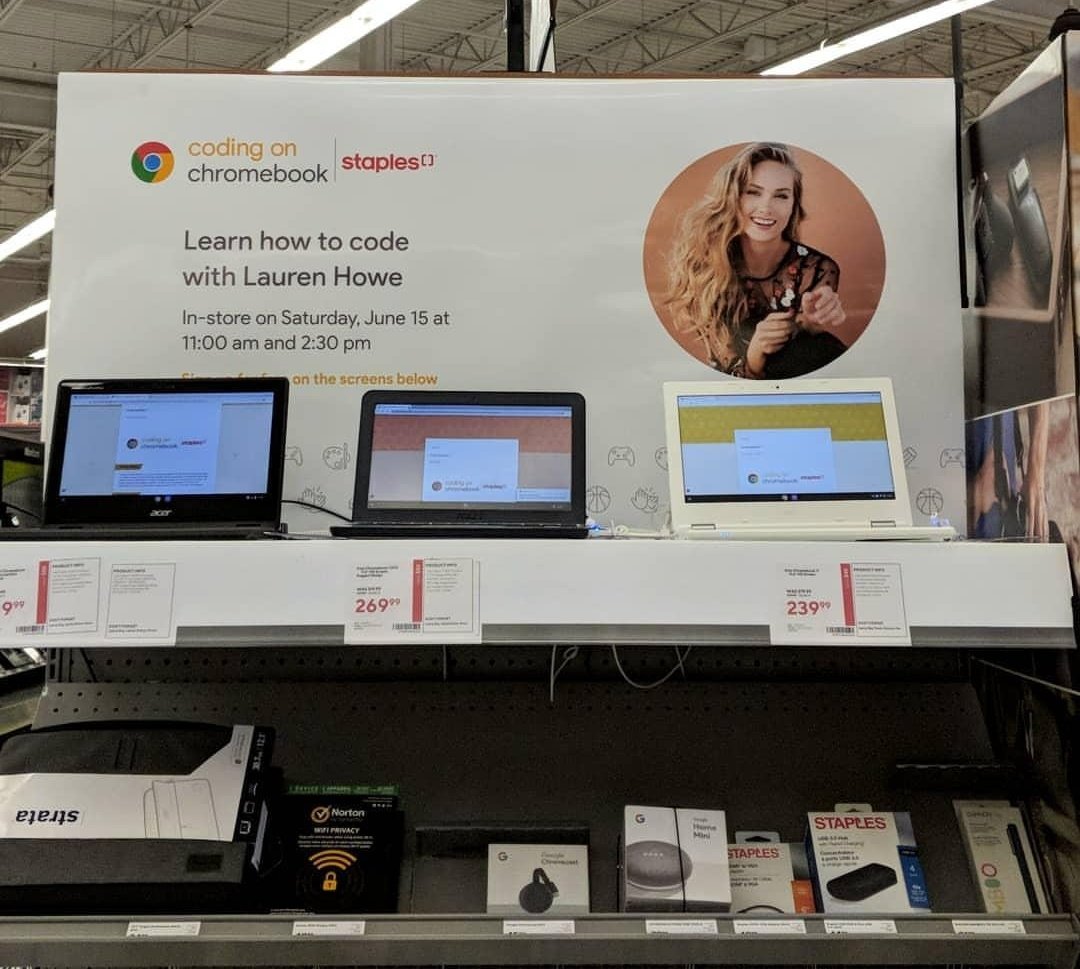 LaurenHowe's tweet photo. Thank you to everyone who came out for today's #CodingOnChromebook event at @StaplesCanada in Richmond Hill! 🙌🏻 If you couldn't make it, you can still learn here: https://t.co/Tjk1cmJXUK @googlecanada https://t.co/UZXUW8ptxc