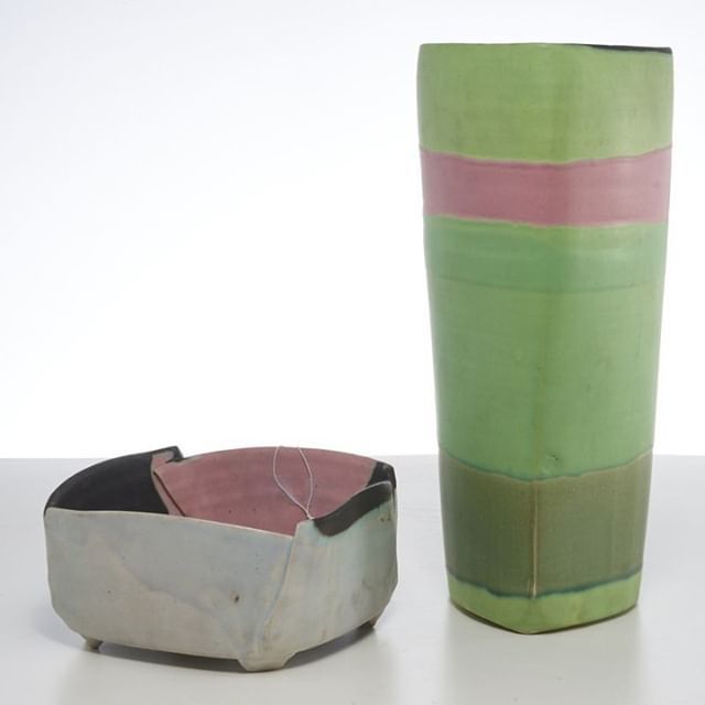 milleabros's tweet photo. 2 Rob Forbes studio ceramics. 21st c., incl. a tall green and pink glazed vase of rounded triangular form, unsigned, and rounded square bowl, with circular artist's mark "RF" to lower corner, each with price sticker label identifying ceramist as Rob Forb… https://t.co/ZhokMNh7fm https://t.co/NaVccAAZrL