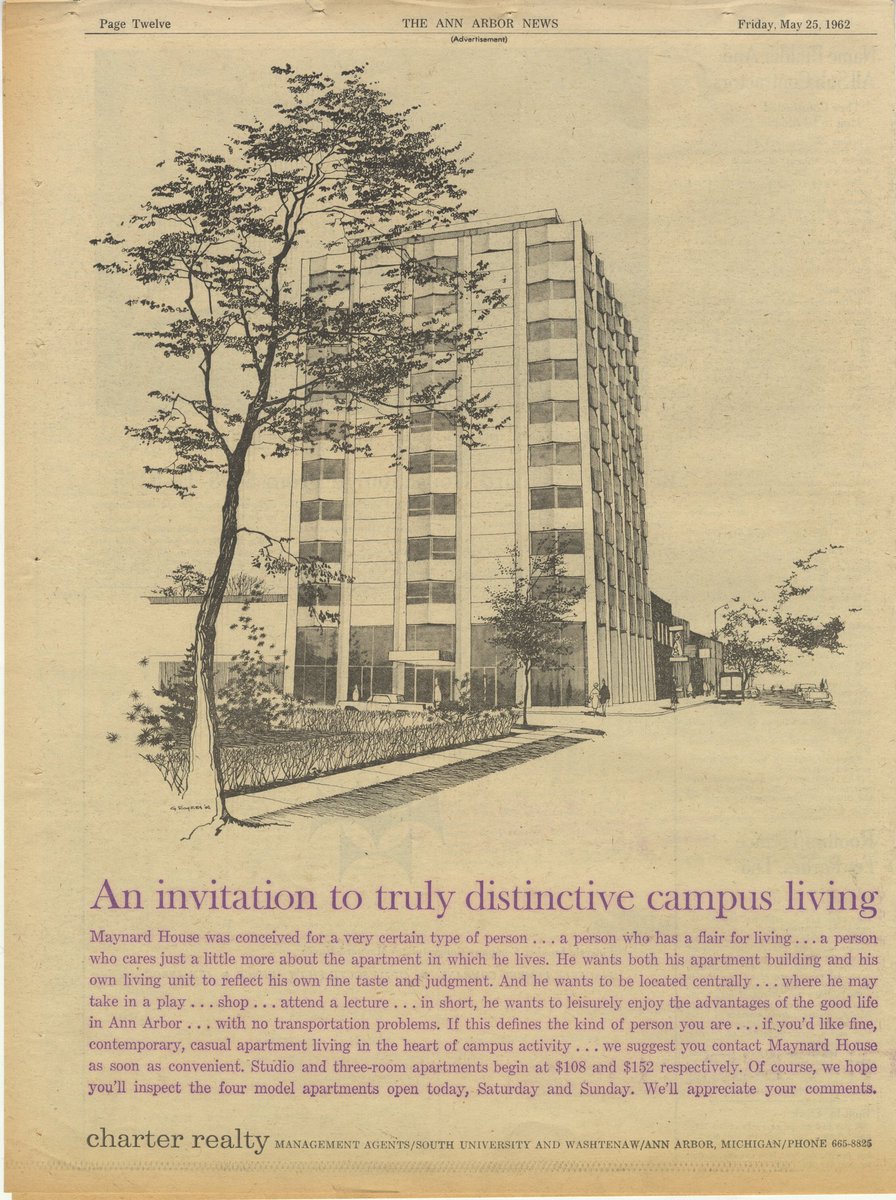 James Livingston, Maynard House Apartments (1962) /// Charter Realty worked with Livingston again to design the company’s signature property, a sculptural 10-story tower billed as Ann Arbor’s most stylish campus living.