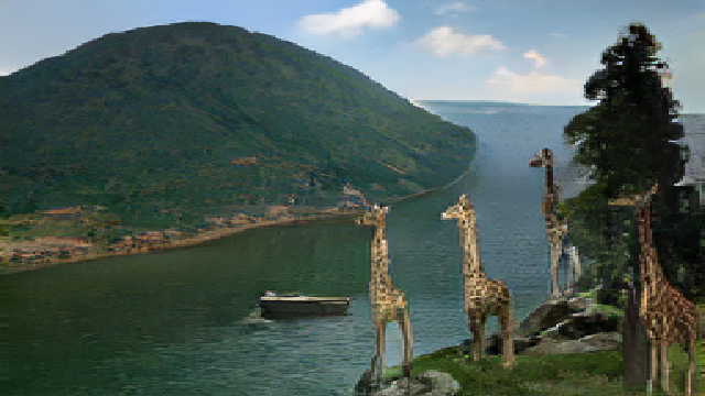 mountain scene with boat and giraffes