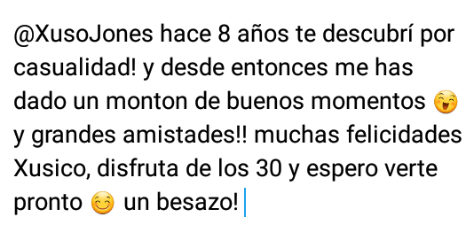 elenaa1002's tweet photo. @XusoJones Felices 30 Xusooo!! no me acabe todo en un twit asi que en foto jejeje 🎉🎁🎊🎂 😘😘 https://t.co/RoWFyHwgO7