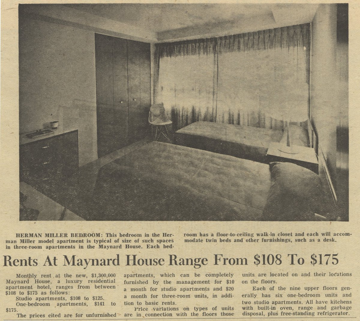 Rent in the new building started at $108/mo for a studio unit, including full Herman Miller furnishings for an additional fee. Those same studios rent starting at $1,575/mo today, unsure if there’s still a Herman Miller option.