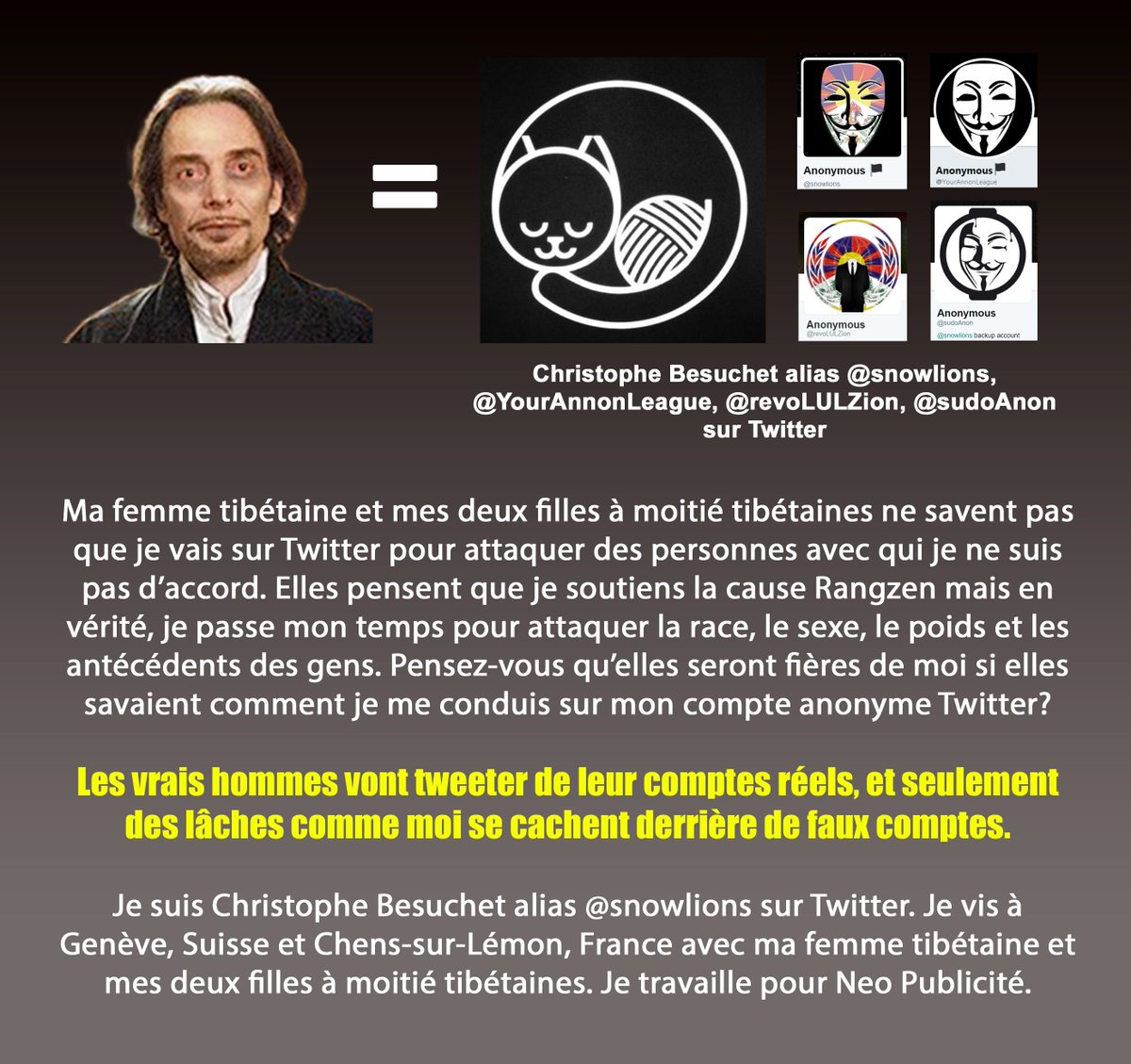 snowIiens's tweet photo. Christophe Besuchet est derrière #snowlions qui attaque les gens avec des tweets méchants.
#Tibet #DalaiLama #Tibetans #FreeTibet #TibetCause #rangzen https://t.co/T1M6o3LLGk
