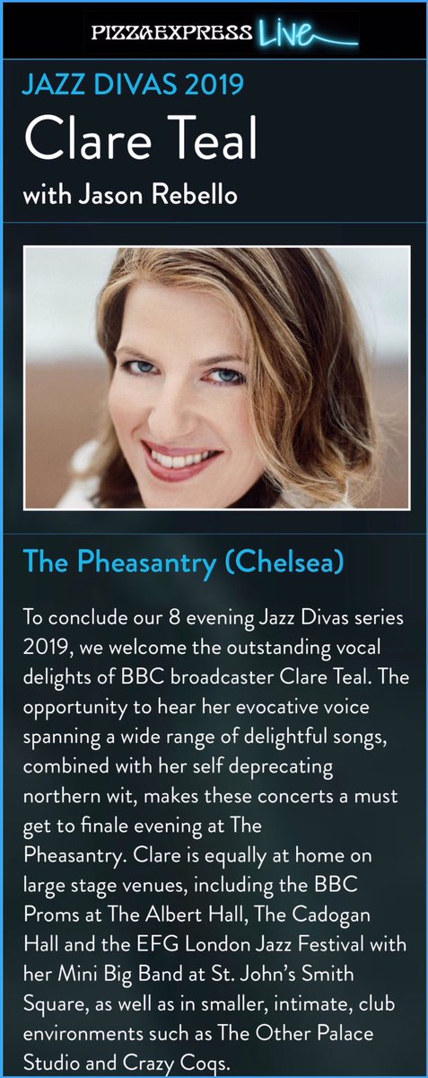 Roger Pettit (@rjp18) on Twitter photo Really enjoyed <a href="/clareteal/">Clare Teal</a> and <a href="/Jasrebello/">Jason Rebello</a> in cabaret at <a href="/pizzajazzclub/">PizzaExpress Live</a> at The Pheasantry, Chelsea. Really enjoyed <a href="/clareteal/">Clare Teal</a> and <a href="/Jasrebello/">Jason Rebello</a> in cabaret at <a href="/pizzajazzclub/">PizzaExpress Live</a> at The Pheasantry, Chelsea.