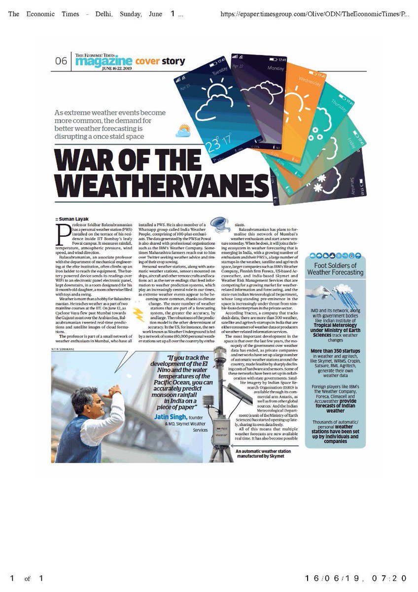 JATINSKYMET's tweet photo. #SundayMorningMusing! #Weather gets a full play on the front of a mainstream broadsheet @EconomicTimes . Always thought that the #weather & the #climate should be recognised as a key #policy issue. #Thankyou @sumanlayakET for nailing it https://t.co/sz7pTTEtD9