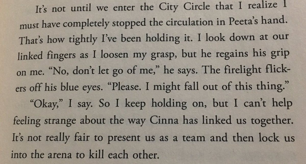 The hand holding is mentioned again on pages 70-71, but we see Katniss finding comfort in companionship rather than any kind of romantic/sexual attraction. It’s about not being alone and familiarity of home. It’s about the team. About survival.  #TheAspecGames