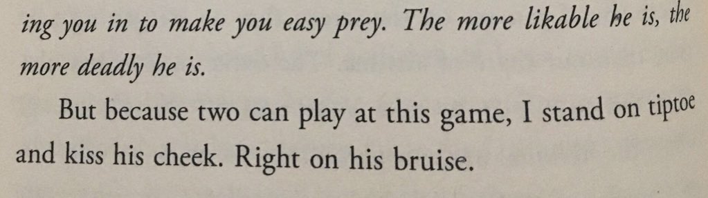 And then this last bit which is just *chef’s kiss*She views his actions as veiled hostility, so she mimics it. Here, she sees Peeta as her audience, and she asses him and uses his expectations to win favor, a tactic she’ll employ later too.  #TheAspecGames