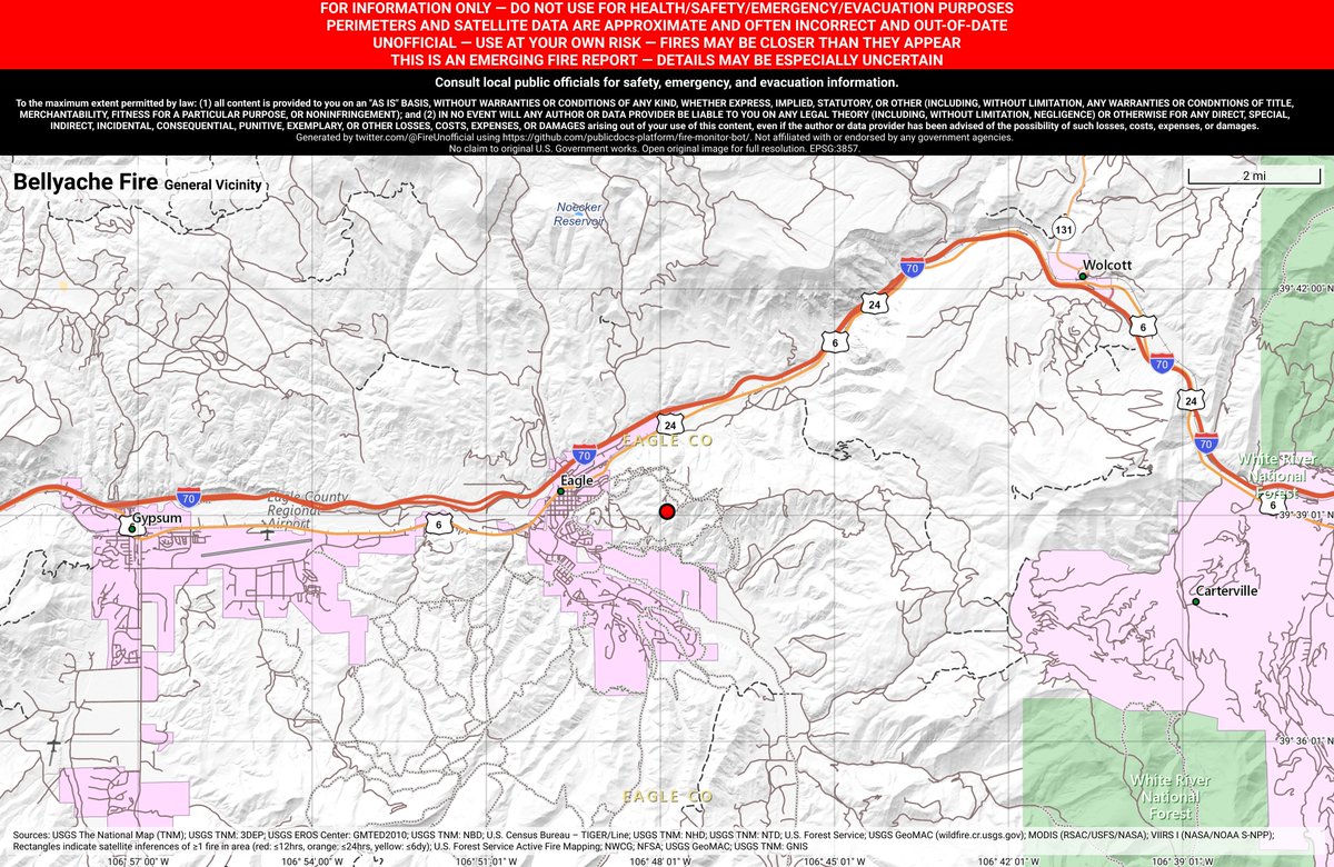 RockyMtnFireBot's tweet image. #BellyacheFire 🔥 discovered Jun 15, 2019, 10:03 PM UTC - unofficial report.
#EagleCounty Colorado River Valley Field Office; Near Eagle, CO. ~89mi W of Lakewood, CO. See officials for safety info. May be incorrect; disclaimers in images.