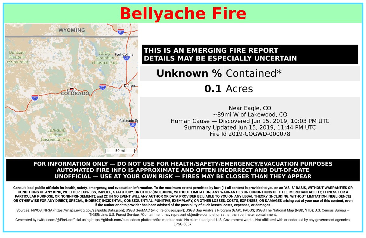 RockyMtnFireBot's tweet image. #BellyacheFire 🔥 discovered Jun 15, 2019, 10:03 PM UTC - unofficial report.
#EagleCounty Colorado River Valley Field Office; Near Eagle, CO. ~89mi W of Lakewood, CO. See officials for safety info. May be incorrect; disclaimers in images.