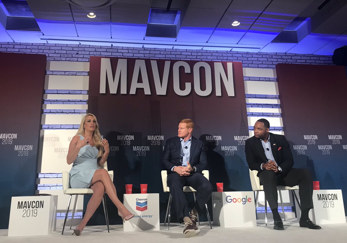 MavConference's tweet photo. @FoxNews contributor @BrittMcHenry questions former NFL lineman @ROCKYBOIMAN50 and sports diplomacy expert/business executive from @Georgetown @omari_faulkner about translating lessons learned in #sports to #business and #politics at #MavCon19. https://t.co/GZBhL4ts6x
