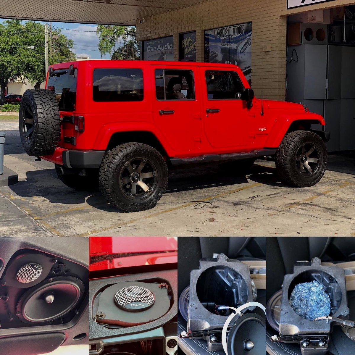 Jeeper’s, leaving the shop always sounding great when they leave here. Upgraded the front and rear speakers with Focal integration series. Added a Phoenix Gold Rx2 400.4 to play them. Used black hole stuff for the front speaker pods. #blvdaudio #focal #phoenixgold #blackhole #jee