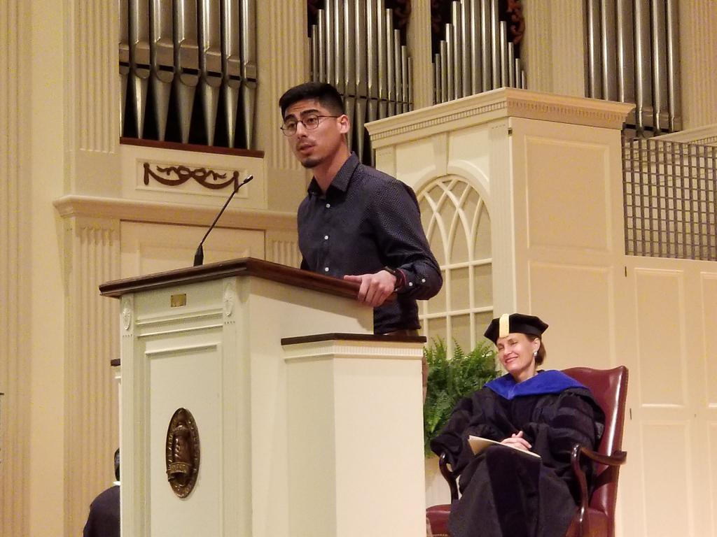 kcollege's tweet photo. Ian McKnight, Anthony Diep Rosas, Karishma Singh and Santiago Salinas offer "Reflection on the Light." #KGrad https://t.co/AniyfgyClk
