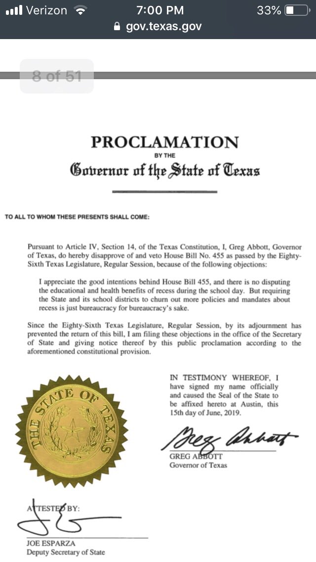 Jennyeyer's tweet photo. Yet another example of Texas leadership not caring about the health of kids. HB 455, a bill that would have brought transparency to school recess policies was vetoed at the highest level. Looks like “bureaucracy” stopped Red Rover from coming over... https://t.co/F9Y0tFmx7I