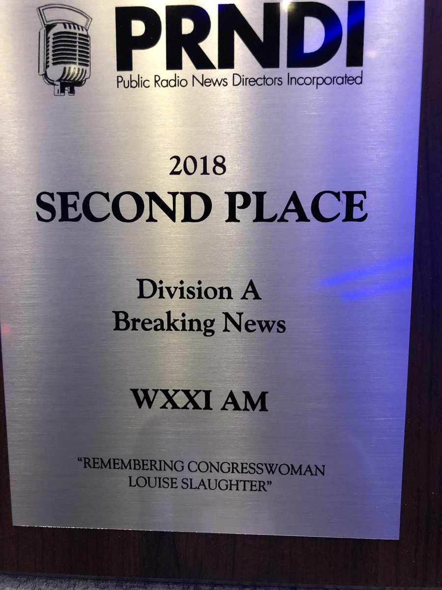 WXXINews's tweet photo. 2019 #PRNDI - 2nd place award in Breaking News for the @WXXINews team for coverage, “Remembering Louise Slaughter” https://t.co/HQ0bEHtidC