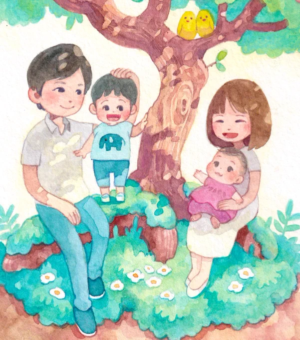 【お仕事紹介】 ご自宅に飾られる絵のご依頼です。 ファミリーを描かせて頂きました。 木陰の柔らかな光の下、穏やかな時間を過ごすご家族です。優しそうなご夫婦と、可愛いご兄妹に幸あれ。 mizuki.portfoliobox.io/works
