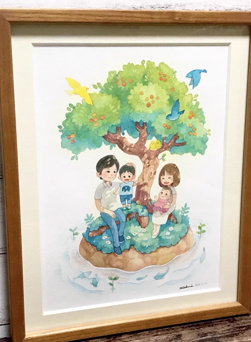 【お仕事紹介】 ご自宅に飾られる絵のご依頼です。 ファミリーを描かせて頂きました。 木陰の柔らかな光の下、穏やかな時間を過ごすご家族です。優しそうなご夫婦と、可愛いご兄妹に幸あれ。 mizuki.portfoliobox.io/works