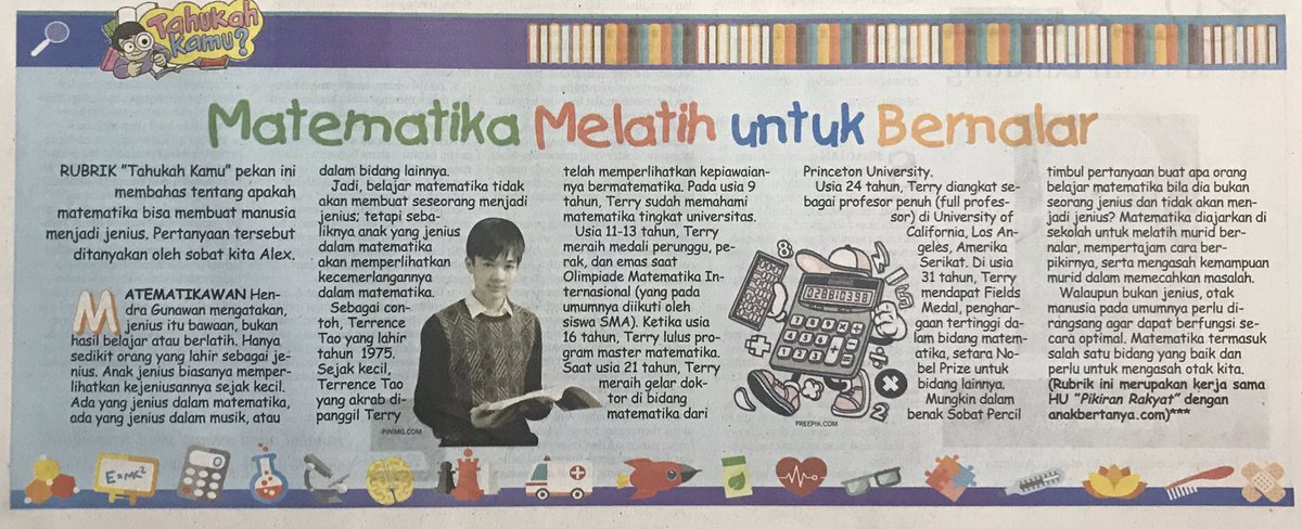 AnakBertanya's tweet photo. Ada anak #bertanya: Apakah matematika bisa membuat seseorang menjadi jenius?
Ini jawaban dari Pak @hgunawan82 (matematikawan), yang dimuat di #PRKecil #109 https://t.co/ELrJtBsVxx