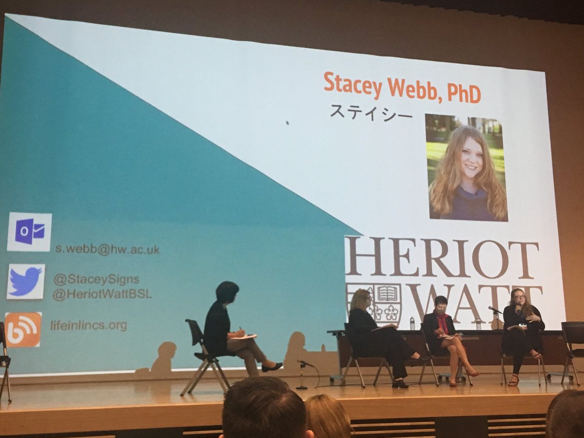 grahamhturner's tweet photo. Dr Stacey Webb represents Herriot-Watt University on @#cli9 panel on relationships between research, education and practitioners in the Sign Language Interpreting field. https://t.co/K6PKyGGMDD