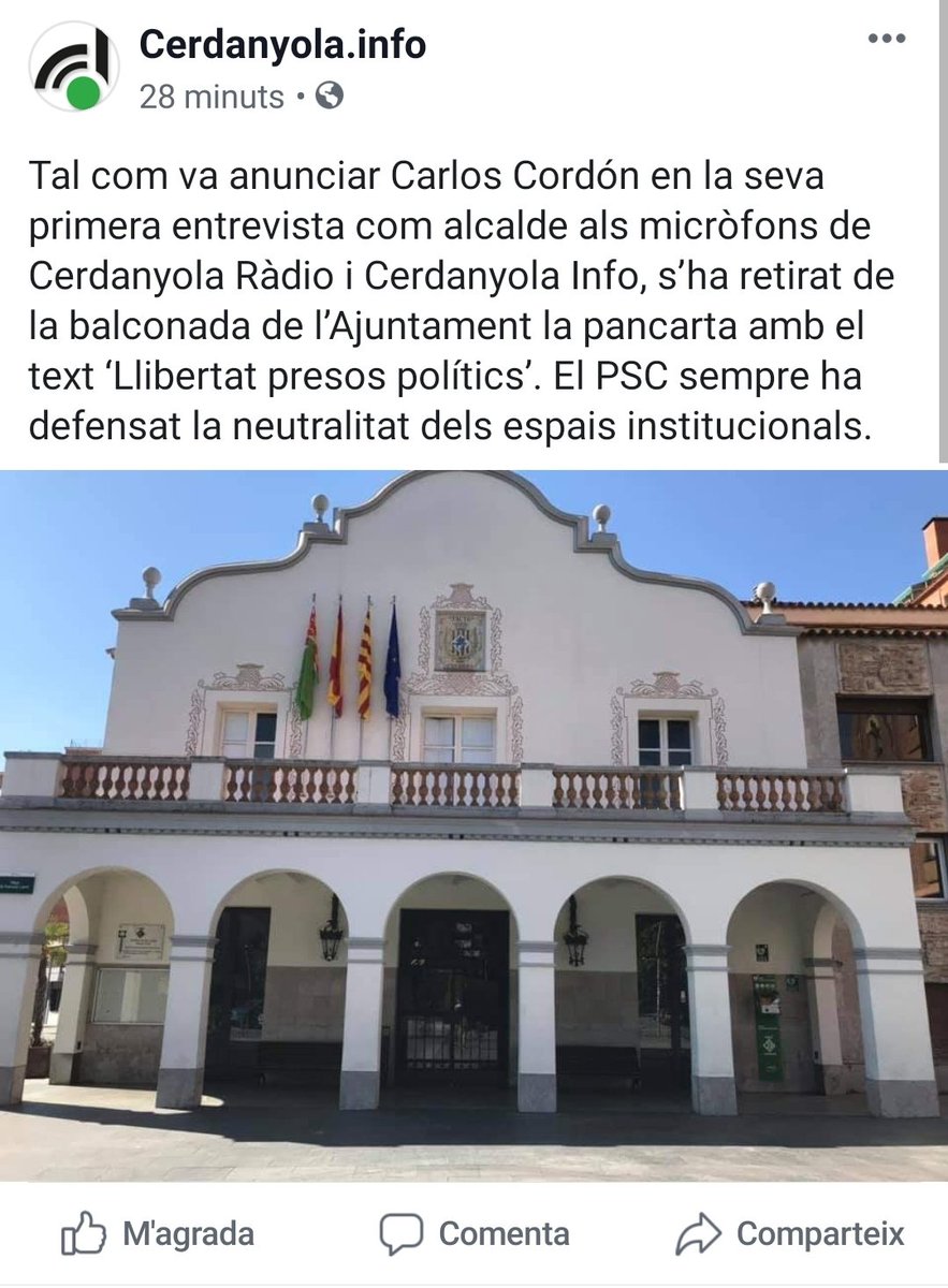 La primera decisió del nou alcalde de #Cerdanyola. Aquesta era la màxima urgència en una ciutat que, segons ells, portava 4 anys de caos. Cadascú té les seves prioritats. I sembla que la defensa de drets civils bàsics no estan entre les del nou govern.