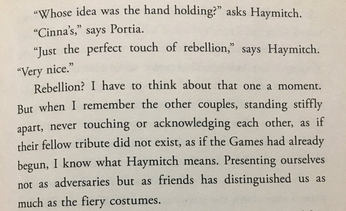 Who’s sick of me talking about hand holding? Here Katniss categorizes it as performing friendship, but she’s beginning to learn that any kind of link between them can be used to not only defy expectations but create them.  #TheAspecGames