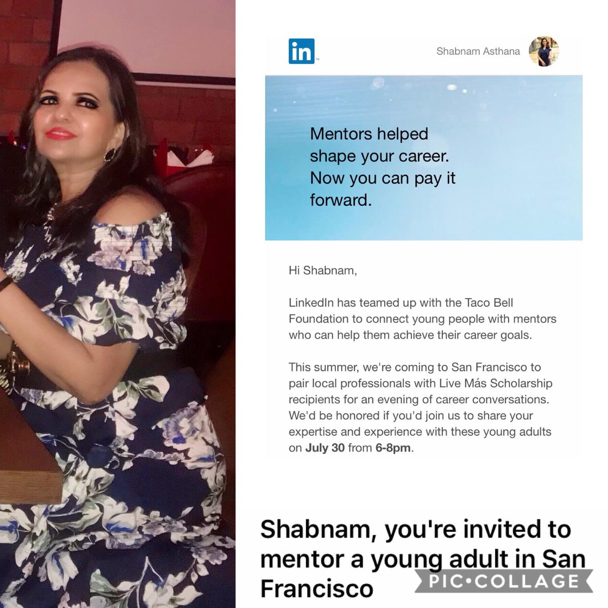 An invitation from #Linkedin to #mentor #youngadults from #TacobellFoundation for the -#LiveMasScholarship #SanFrancisco #USA #July - Happy to give back to #society from the rung of the ladder that I am on today ❤️❤️