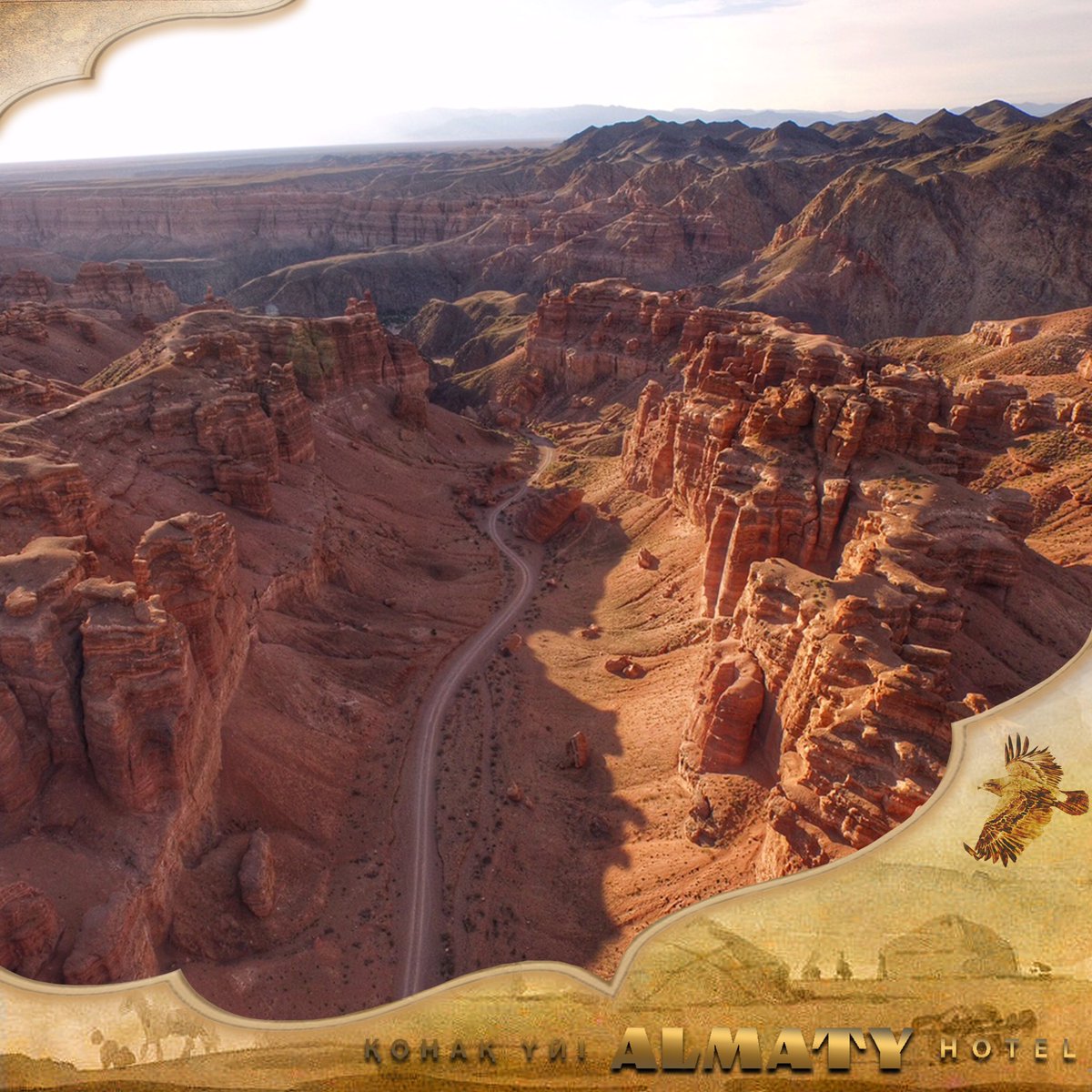 HotelAlmaty's tweet photo. 🏜 Kanyon Charyn - a canyon stretching for 154 km along the Charyn River in Kazakhstan, is located 195 km east of Almaty, not far from the border with China. The canyon enters the territory of the Charyn National Park, formed on February 23, 2004. https://t.co/CXxSqvoaND