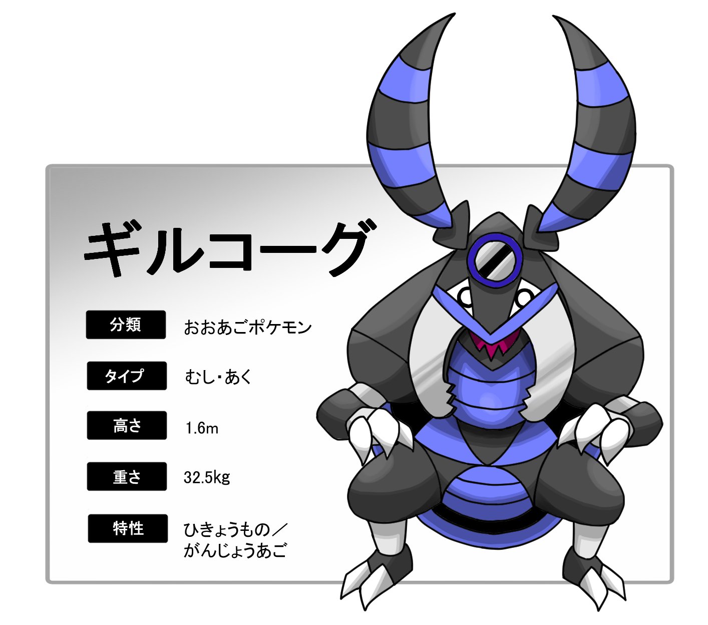 ぺとらた おおあごポケモン ギルコーグ カミキリムシがモチーフのオリポケです 地味に虫悪タイプのポケモンって第7世代まででまだ登場していないんですよね 特性 ひきょうもの は の確率で相手より先に行動できる せんせいのつめが発動した時と