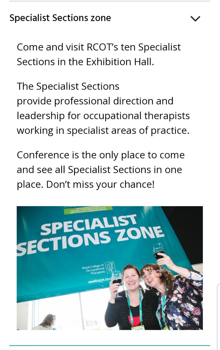 Helen_OTUK's tweet image. Don&apos;t forget to stop by the Specialist Section Zone at #RCOT2019 Specialist section membership is a great way to keep upto date with practice in your areas of interest. You can be a member of more than one. #OTGeek