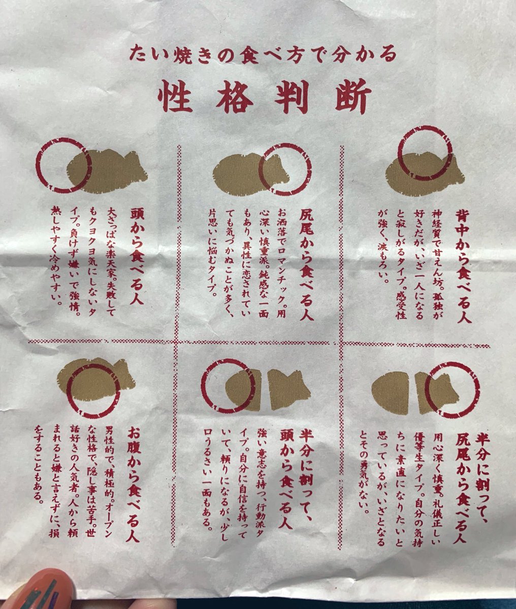 フォレ در توییتر 近所のたい焼き屋さんの袋に書いてあった食べ方で分かる性格判断結構当たってる 私は頭から フォレ در توییتر 近所のたい焼き屋さんの袋に書いてあった食べ方で分かる性格判断結構当たってる 私は頭から