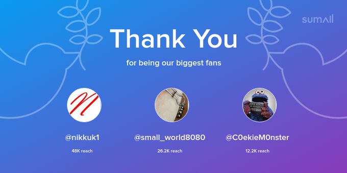 Our biggest fans this week: nikkuk1, small_world8080, C0ekieM0nster. Thank you! via https://t.co/vfXGQ8T5p7