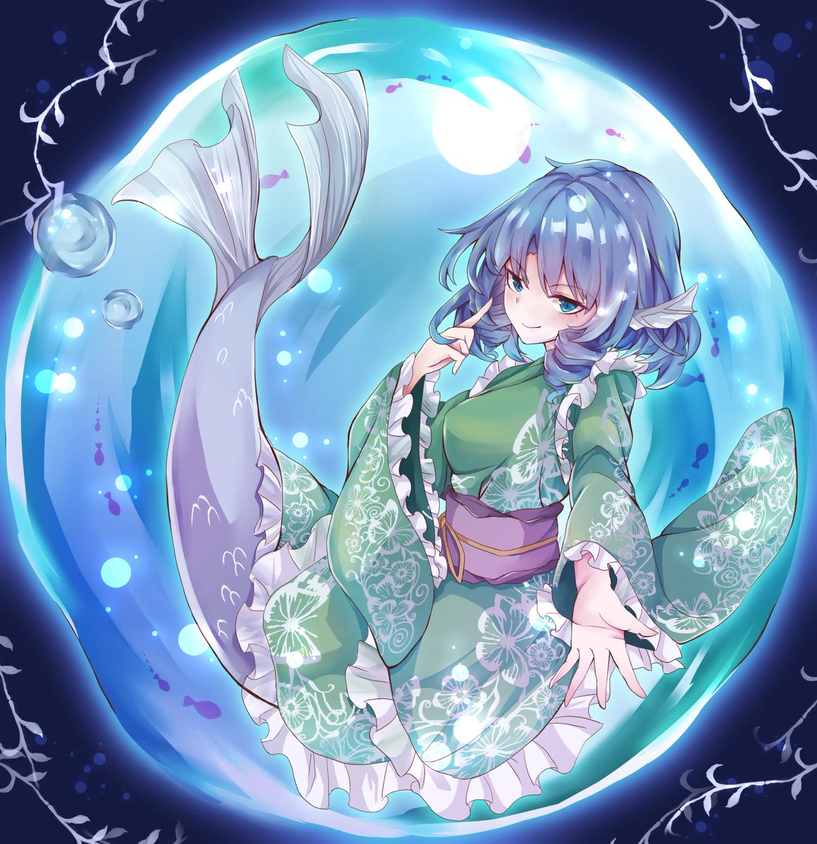 wakasagihime 1girl mermaid monster girl solo head fins blue hair japanese clothes  illustration images