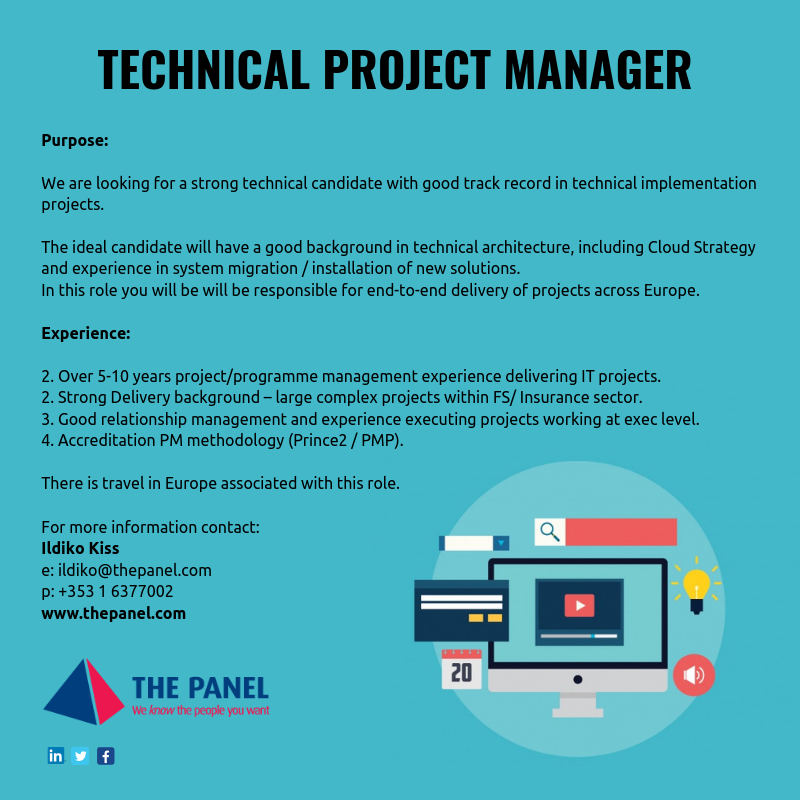 ThePanelDublin's tweet photo. Technical Project Manager role available with our client based in Dublin. To find out more please contact Ildiko on ildiko@thepanel.com today. #jobfairy #projectmanagement #technicalimplementation https://t.co/Ic83QalFRE